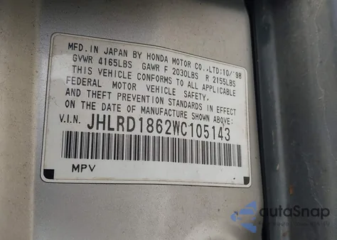 1998 Honda Cr-V Ex из США, поврежденный, VIN JHLRD1862WC105143